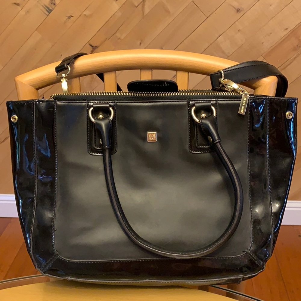 Anne Klein black leather tote with patent leather detail